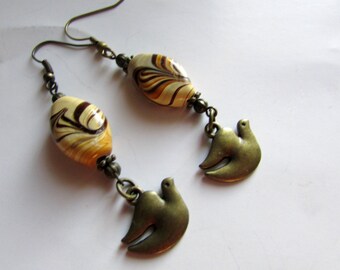 Brass Bird Dangle Earrings with Animal Print Glass Beads