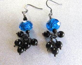 Blue Black Rondelle Cluster Dangle Earrings