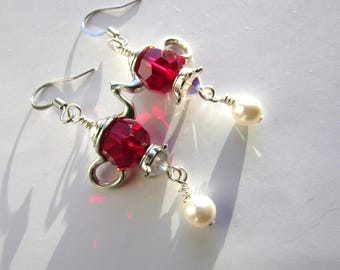 Teapot Dangle Earrings: Siam Crystal & White Pearl, Silver Jewelry