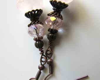 Pink Rondelle Glass Copper Dangle Earrings