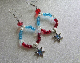Red Blue White Beaded Star Dangle Earrings – Hand-Wired Glass Pearls Aquamarine