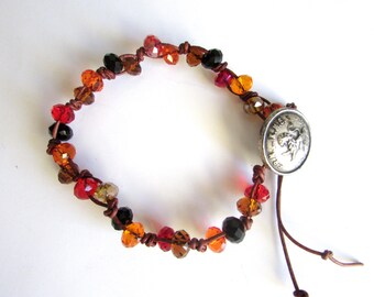 Beaded Leather Wrap Bracelet, Red Black Topaz Glass Rondelles