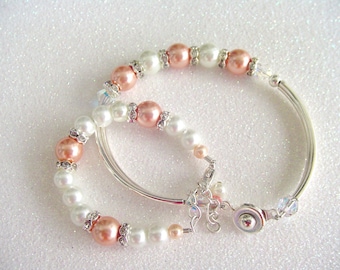 Mommy & Me Bracelet Set: Rose Peach Swarovski Pearls, Big/Little Sister