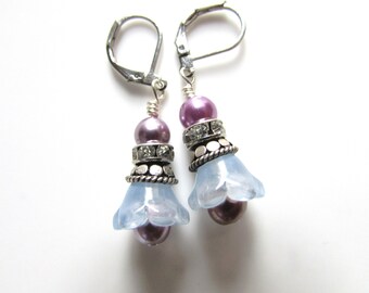 Blue Glass Flower Earrings: Purple Pearl Dangle, Silver Lever Backs