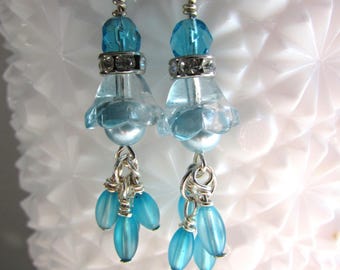 Aquamarine Glass Flower Pearl Dangle Earrings, Blue Cluster Drop Jewelry