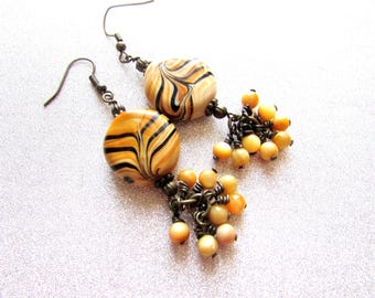 Leopard Print Glass Bead Dangle Earrings, Brass Accents, Handmade Cluster Design