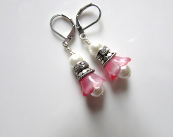 Hot Pink Flower Dangle Earrings: Beaded White Glass Pearls