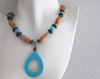 Boho Brass NecklaceTurquoise Teardrop Wooden Necklace Turquoise Pendant Brass Necklace