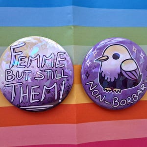 Pride Non-binary Femme Them Bird 57mm Holo Finish Button Badges