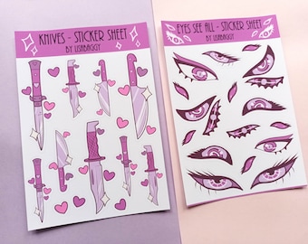 May include: Two sticker sheets with a pink and white color scheme. One sheet features pink knives with hearts and sparkles. The other sheet features pink eyes with different designs. Both sheets have the text "By LisaBaggy" printed on them.