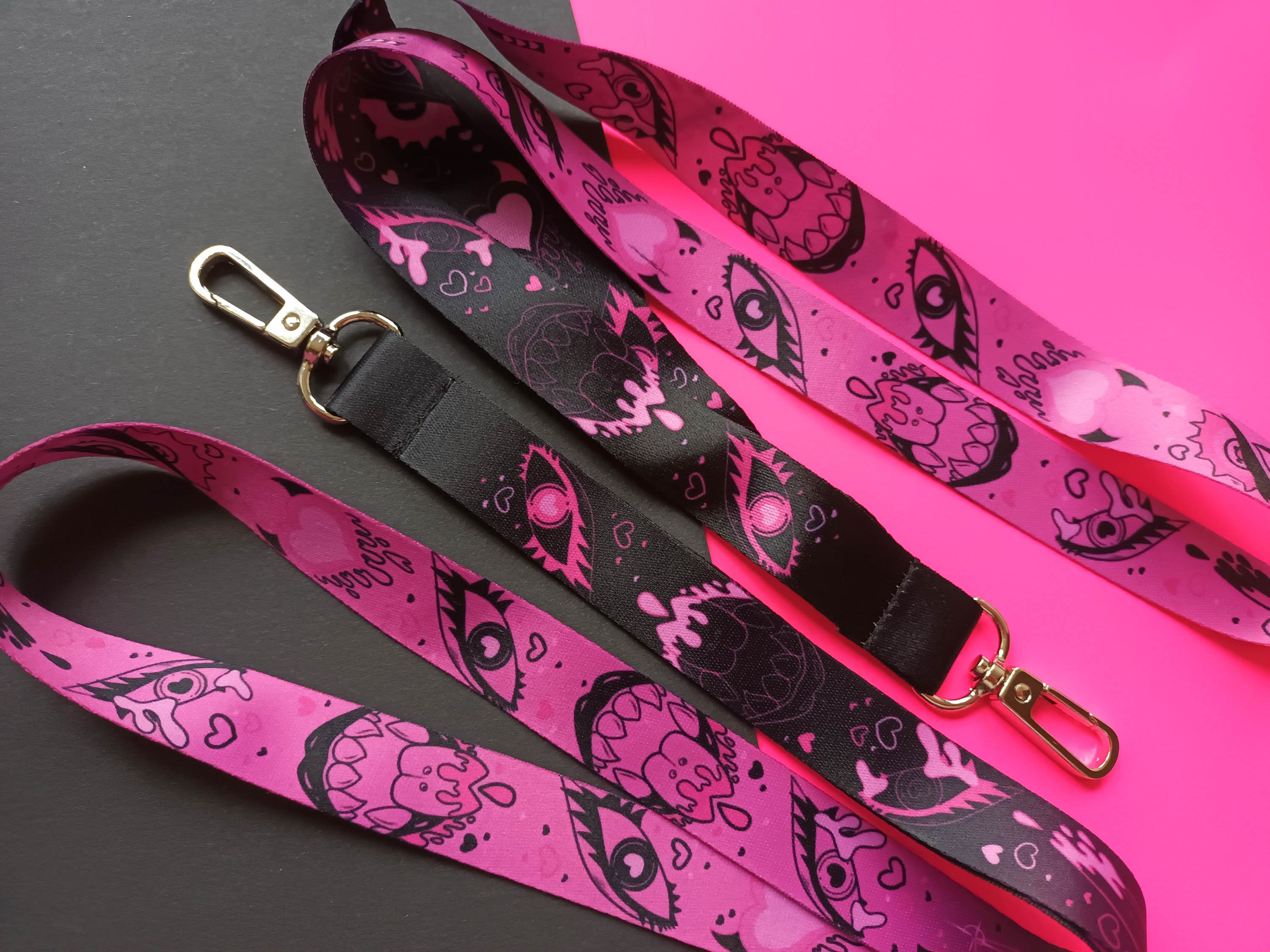 Black and Pink Demon Lanyards, Neon, Yami Kawaii, Gothic Gifts, Cybergoth, Lanyard for Adults