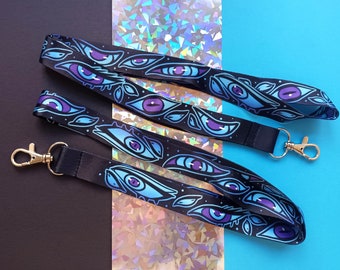 Yami Kawaii Eyes Lanyard: Black Teal Purple Neon Cybergoth