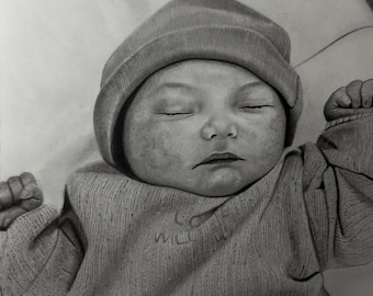 Benutzerdefinierte Fotorealistische Hand gezeichnete Porträt | Bleistift Zeichnung 23 x 32 cm | Kundenspezifische Baby Porträt Zeichnung