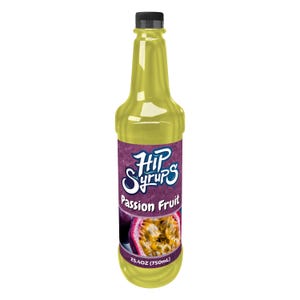 May include: A tall, yellow bottle of Hip Syrups Passion Fruit syrup. The bottle has a black cap and a purple label with the brand name and a passion fruit image. The bottle contains 25.4 oz (750mL) of syrup.