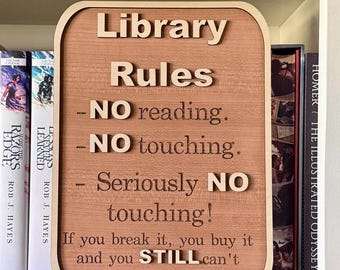 Library Rules Sign Wood Book Decor Bookish Gift for Readers and Librarians