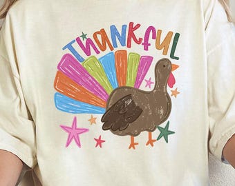 Thankful Turkey Shirt, Colorful Thanksgiving Tee, Retro Turkey Day Outfit, Comfort Colors®