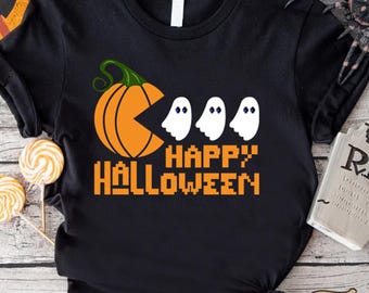 Halloween Gamer Tee, Happy Halloween Tee, Pumpkin Pac-Man Shirt, Halloween Party Gift Tee, Pumpkin Season T shirt, Pumpkin Ghost Shirt