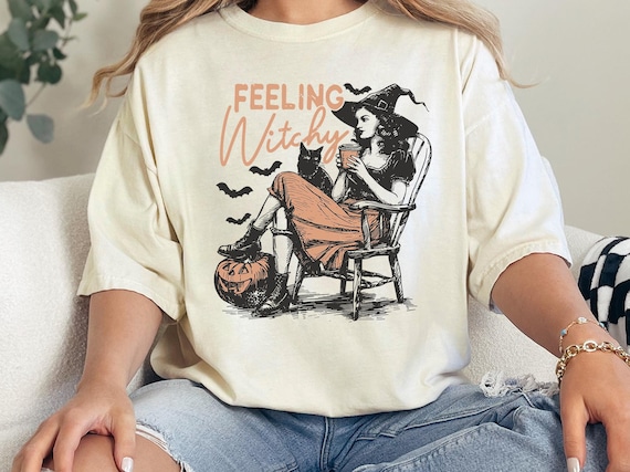 Witchy Cat Shirt, Black Feline Graphic, Vintage Autumn Magic Tee, Comfort Colors®