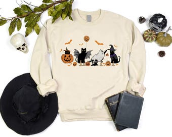 Halloween Sweatshirt,Ghost Cat Sweatshirt,Halloween Cat Sweater,Funny Halloween Cat Shirt,Halloween Gifts for Cat Mom,Cat Lover Halloween