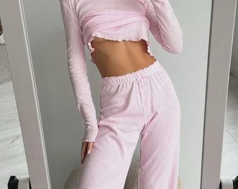 Pink Pointelle Cotton Pajama Set — Long Sleeve Top and Pants