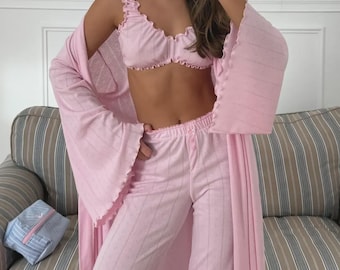 Pink Cotton Pajama Set for Women with Robe, Ruffle Bralette and Pants