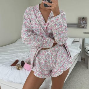 Cotton Pajama Set with  2 and 3 Piece Option – Shirt + Shorts / Pants / Full Set Romantic Floral Sleepwear – Cottagecore Loungewear