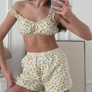 Cotton Pajama Sleepwear Set – Ruffle Crop Top & Shorts | Soft Cotton Pajamas | Cute Loungewear Gift for Her | Summer Set