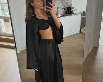 Black Sleepwear, Satin Pajama Lounge Set – Ruffle Bralette & Pants or Shorts, Robe Loungewear