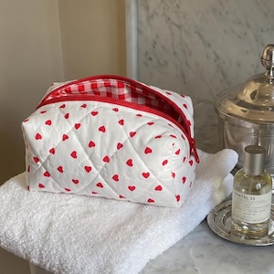 Red Quilted Makeup Bag, Heart or Cherry Print Cosmetic Pouch, Travel Beauty Organizer