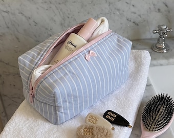 Striped Cotton Makeup Bag, Quilted Travel Toiletry Organizer, Handmade Cosmetic Pouch