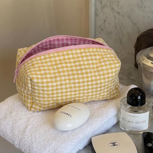 Gingham Quilted Makeup Bag, Cotton Cosmetic Pouch, Travel Beauty Organizer, 4 Colors