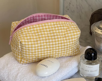 Gingham Quilted Makeup Bag, Cotton Cosmetic Pouch, Travel Beauty Organizer, 4 Colors