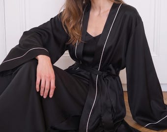 Black Satin Kimono Robe, Long Dressing Gown With Wide Sleeves, Bridal Getting Ready Robe