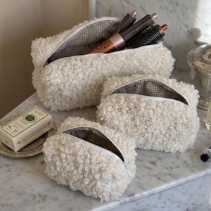Handmade Sherpa Cosmetic Bag – Washable Teddy Fleece Travel Pouch, Hair Tool Organizer