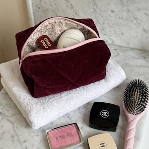 Velvet Quilted Makeup Bag, Cosmetic Pouch, Travel Beauty Organizer, 7 Colors