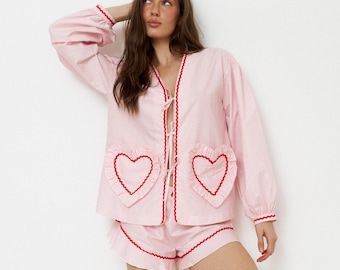 Pink Gingham Cotton Pajama Set — Heart Pocket Shirt and Shorts or Pants