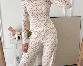 Floral Cotton Pajama Set for Women, Long Sleeve Loungewear & Sleepwear, Comfortable Full-Length Pjs