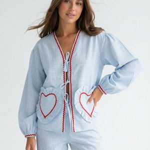Conjunto de pijama de algodón azul: camisa con pantalón corto o pantalón. imagen 1
