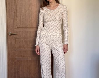 レディース花柄コットンパジャマセット、長袖ラウンジウェア＆スリープウェア、快適なフルレングスパジャマ