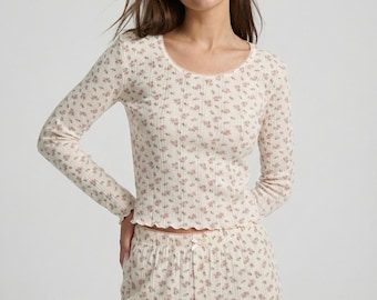 Conjunto de pijama de algodón floral para mujer, ropa de estar por casa y de dormir de manga larga, cómodo pijama largo hasta el suelo.