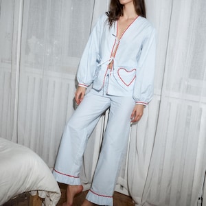 Conjunto de pijama de algodón azul: camisa con pantalón corto o pantalón. imagen 5