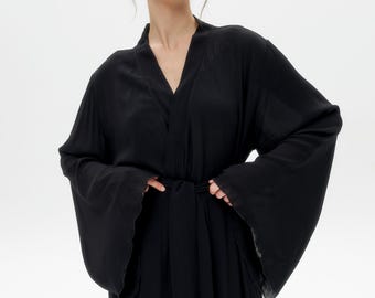 Black Long Kimono Robe – Dressing Gown, Women Lounge Wear
