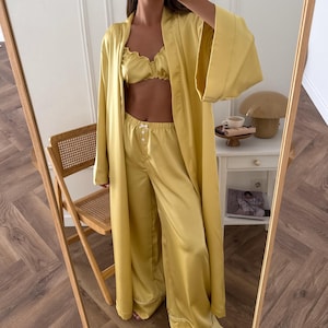 Yellow Satin Bridal Pajama Set — Robe with Top and Pants