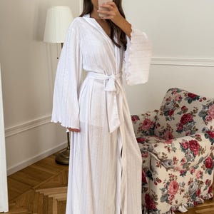 Cotton Kimono Robe, Long Lounge Wrap, Bridal Getting Ready Gown with Wide Sleeves