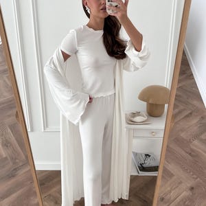 White Pajama Set for Women with Viscose Wide-Leg Pants, T-Shirt and Robe image 5