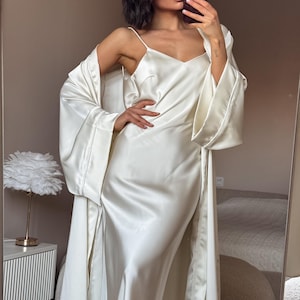 White Satin Dress, Bridal Dressing Gown, Lounge set, Maxi Slip with Long Robe image 2