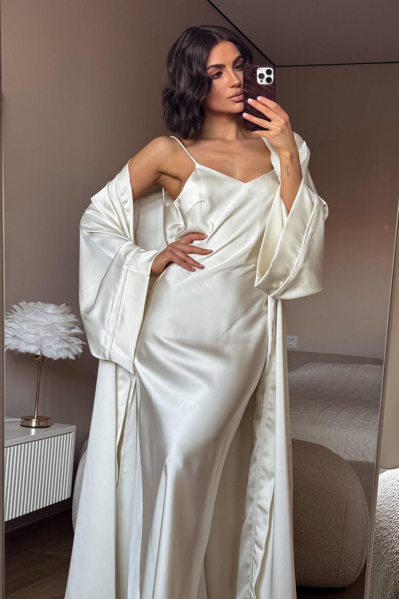 White Satin Dress, Bridal Dressing Gown, Lounge set, Maxi Slip with Long Robe image 2