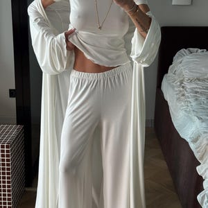White Pajama Set for Women with Viscose Wide-Leg Pants, T-Shirt and Robe image 4