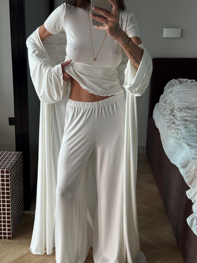 White Pajama Set for Women with Viscose Wide-Leg Pants, T-Shirt and Robe image 4