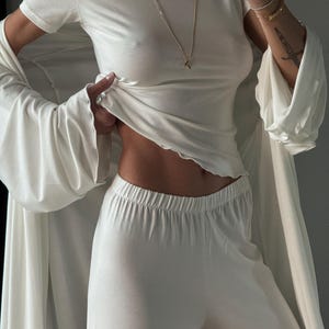 White Pajama Set for Women with Viscose Wide-Leg Pants, T-Shirt and Robe image 9